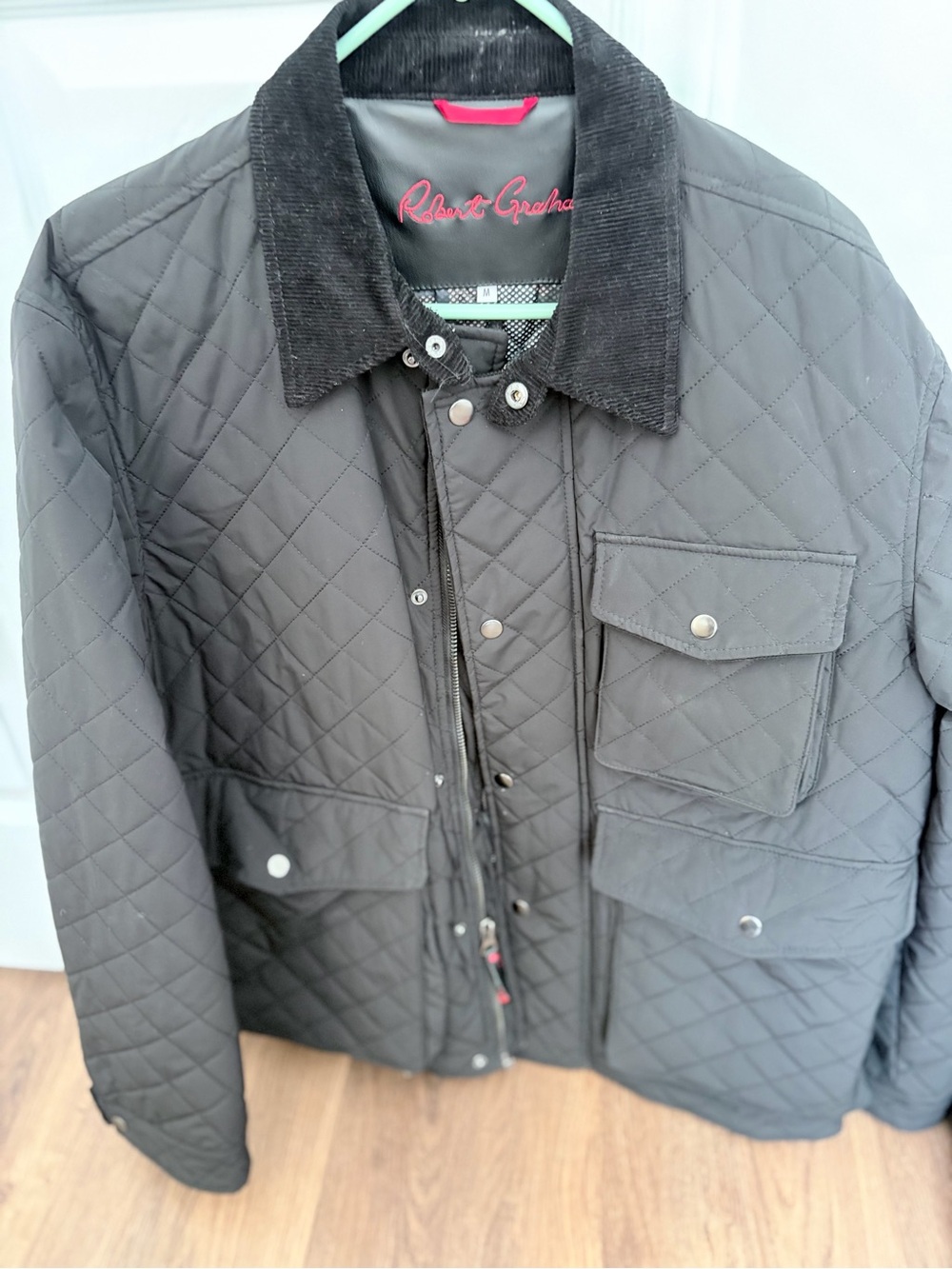 Robert Graham Diamond Quilted Black Field Jacket with Corduroy Collar